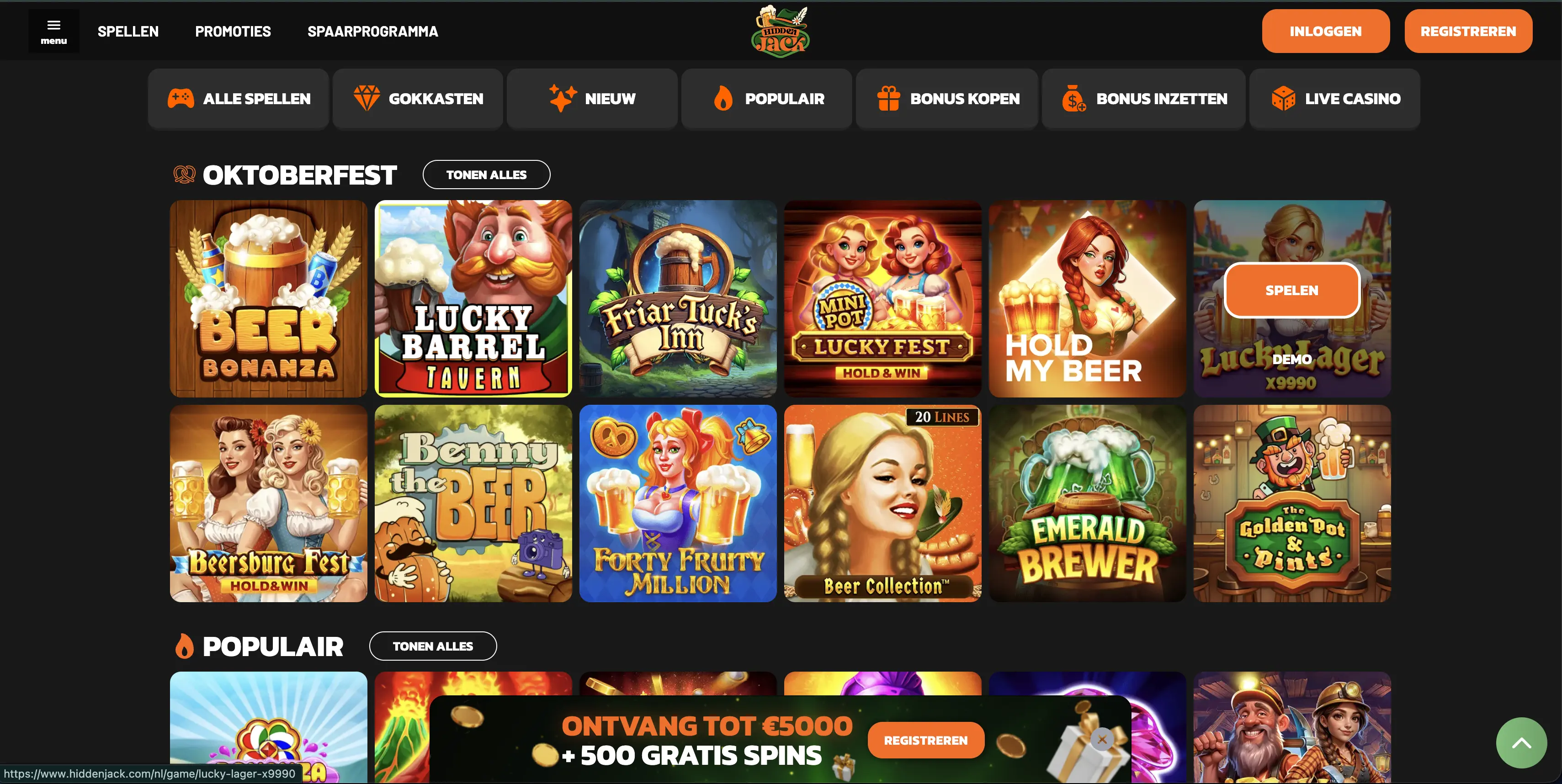 HiddenJack casino lobby met welkomstbonus tot €5000 + 500 gratis spins