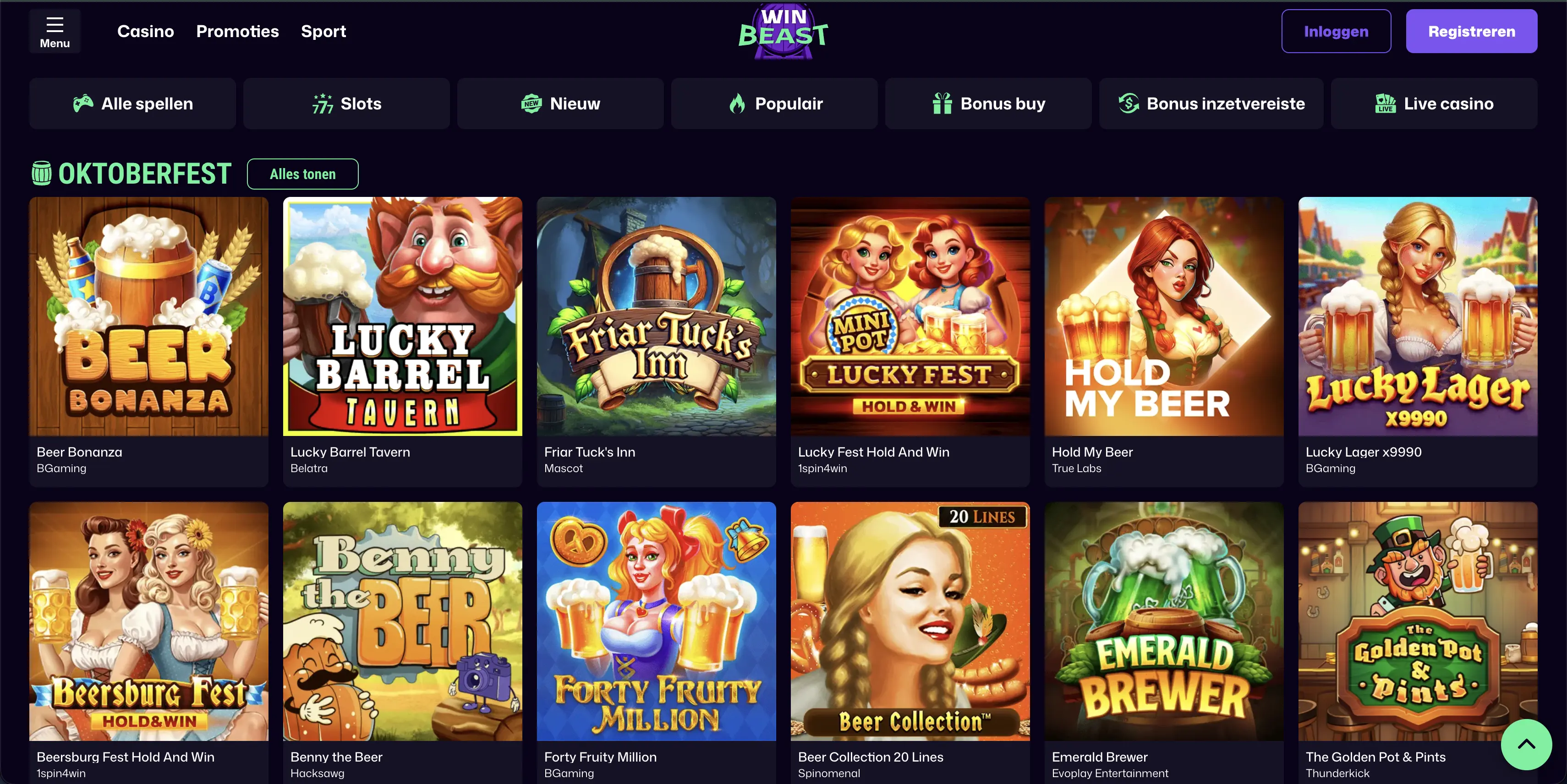Winbeast casino lobby met slots en categorieën